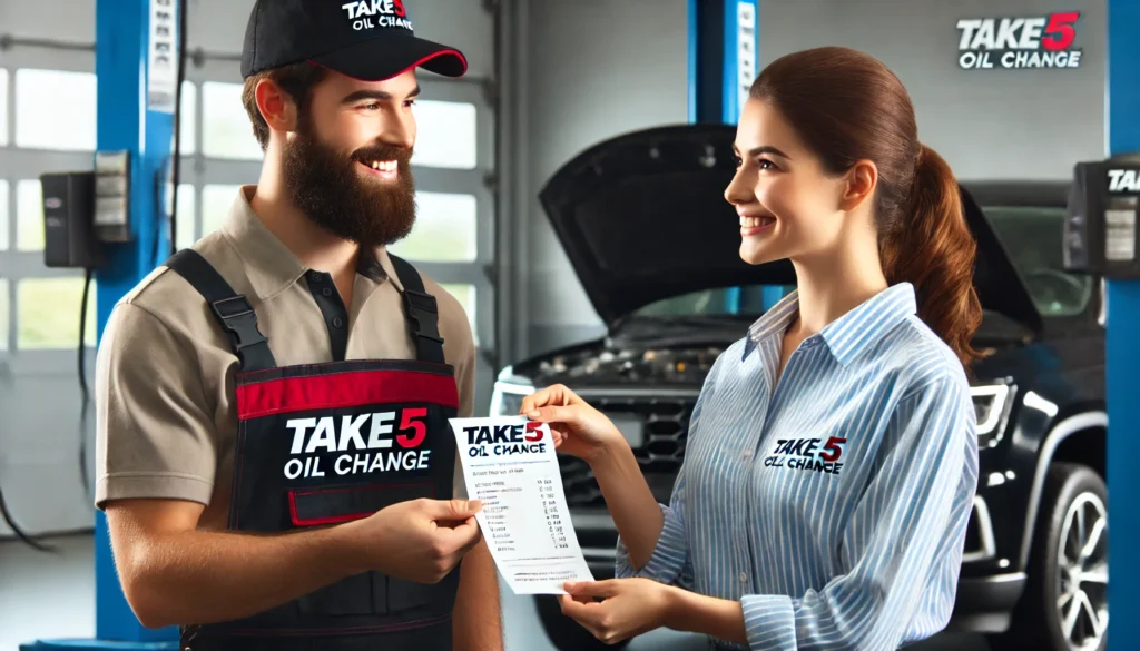 a manager at Take 5 giving customer receipt to an oil change customer