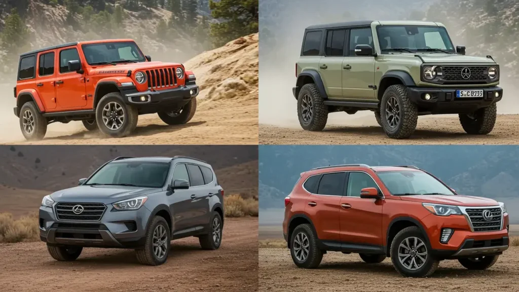 A group of boxy SUVs, including the Jeep Wrangler, Mercedes G-Class, Hyundai Santa Fe, and others, lined up in various terrains.