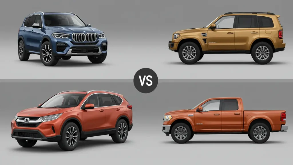 A comparison grid of boxy SUVs, coupe-SUVs, crossover SUVs, and pickup trucks, highlighting their unique designs and features.