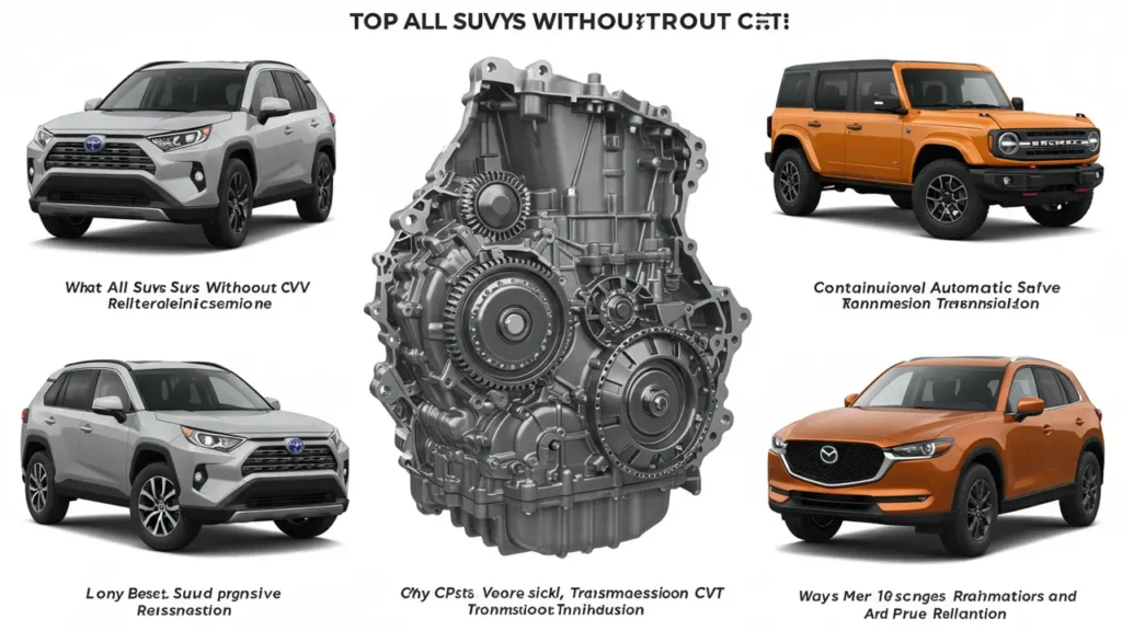 Multiple SUVs without CVT surrounding a traditional automatic transmission, emphasizing durability and performance.