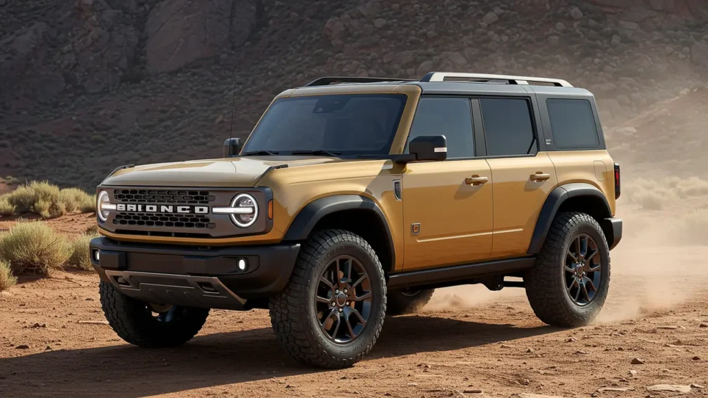 Ford Bronco 2024 rugged boxy SUV, equipped with off-road tires, showcased in a sandy desert environment