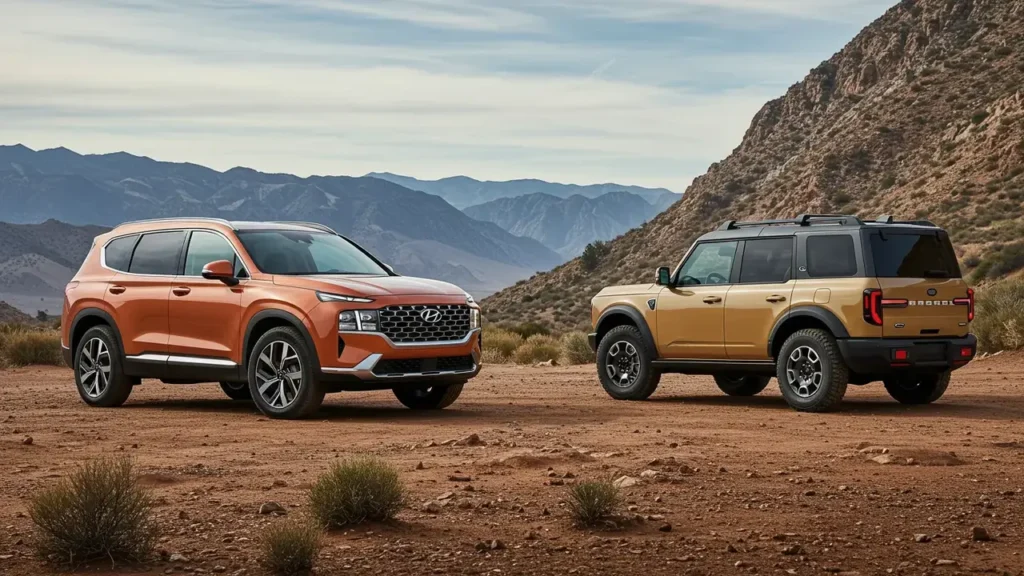 Hyundai Santa Fe 2024 in a boxy SUV design, showcasing rugged aesthetics with a family-friendly design, parked in a desert setting.