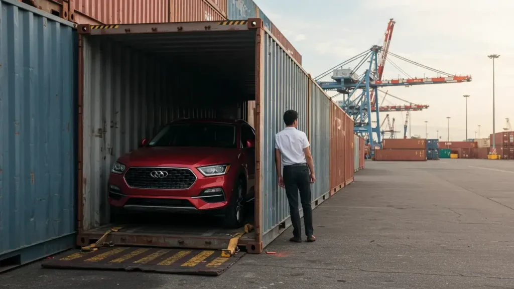 a loaded car in a container with a man standing beside it