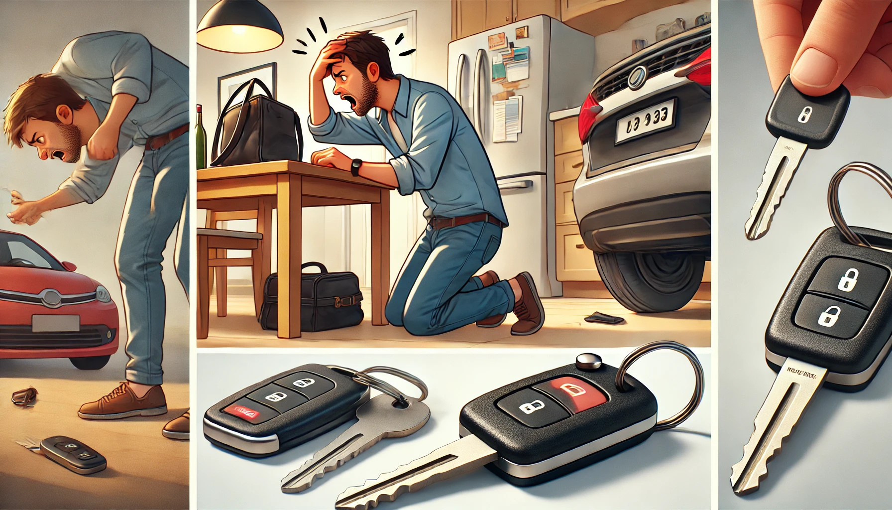 A frustrated person looking for a lost car key in their bag and on a desk, symbolizing the challenge of How to Get a Replacement Car Key Without The Original