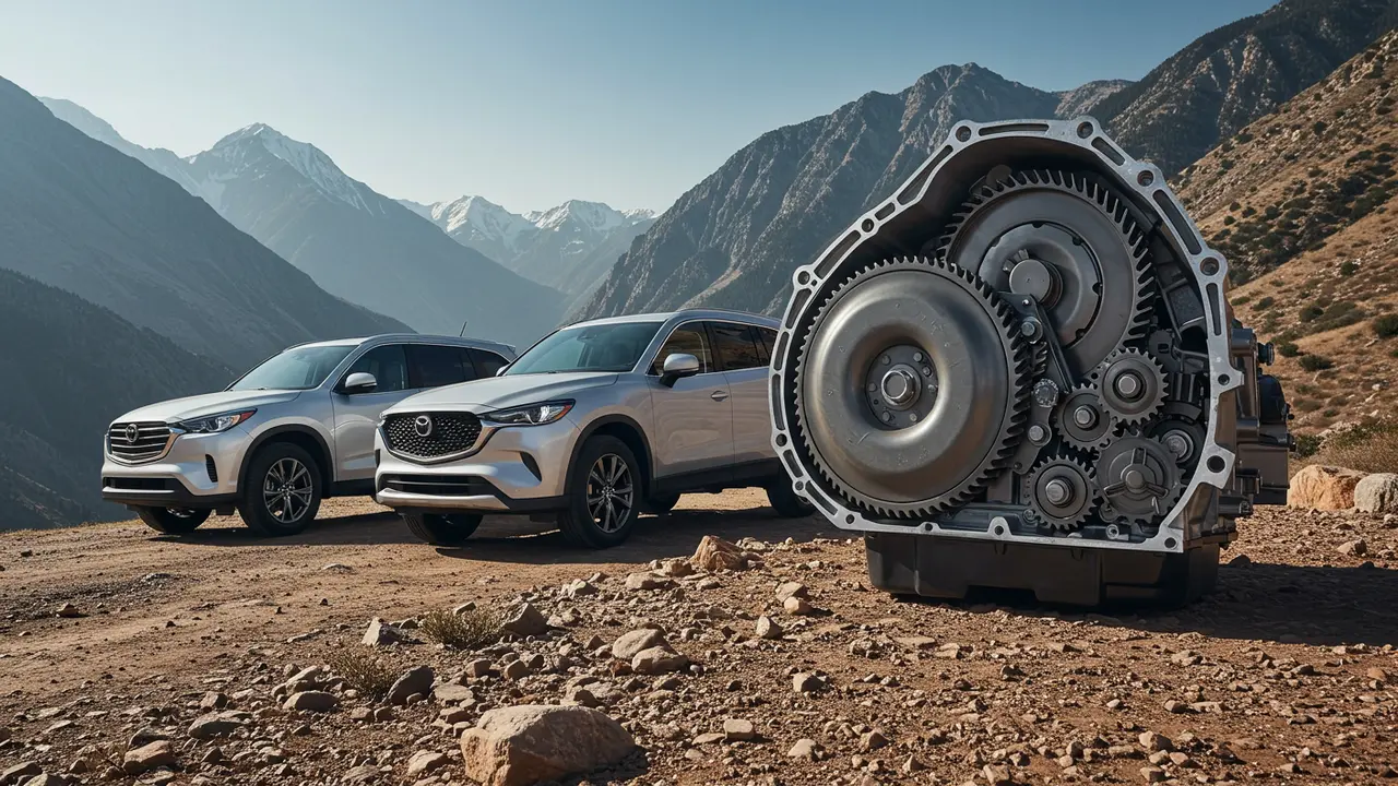 Mazda SUVs without CVT parked in a rugged mountain terrain, showcasing reliability and performance.