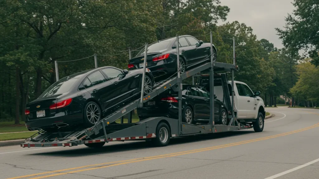 Open car transport truck shipping multiple vehicles from Ridgefield Park, NJ, to Jacksonville, FL. Title: Open Auto Transport in Action