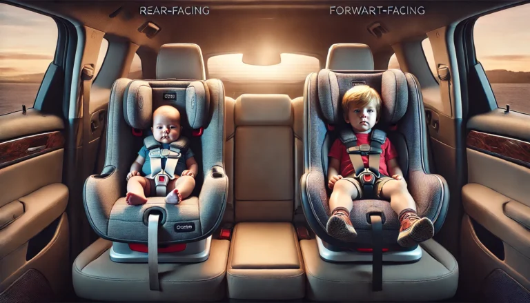 how much should a baby weigh to face forward in car seat? A side-by-side comparison of a rear-facing and a forward-facing car seat, showing the recommended weight for transitioning a baby to forward-facing.