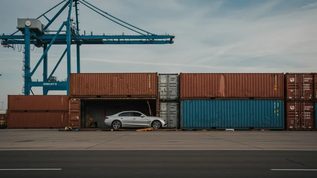 Silver car secured inside a stacked shipping container at a port, reflecting container car shipping costs