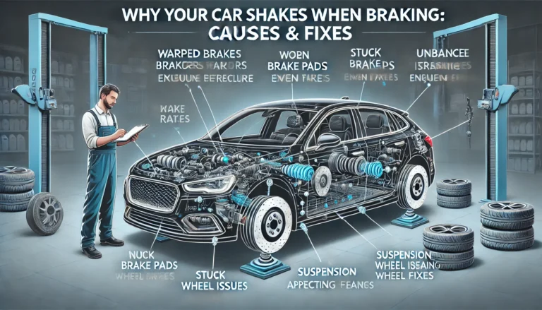 Explanatory diagram of a car shakes when braking, showing causes like warped rotors, worn brake pads, stuck calipers, unbalanced tires, suspension issues, and faulty wheel bearings