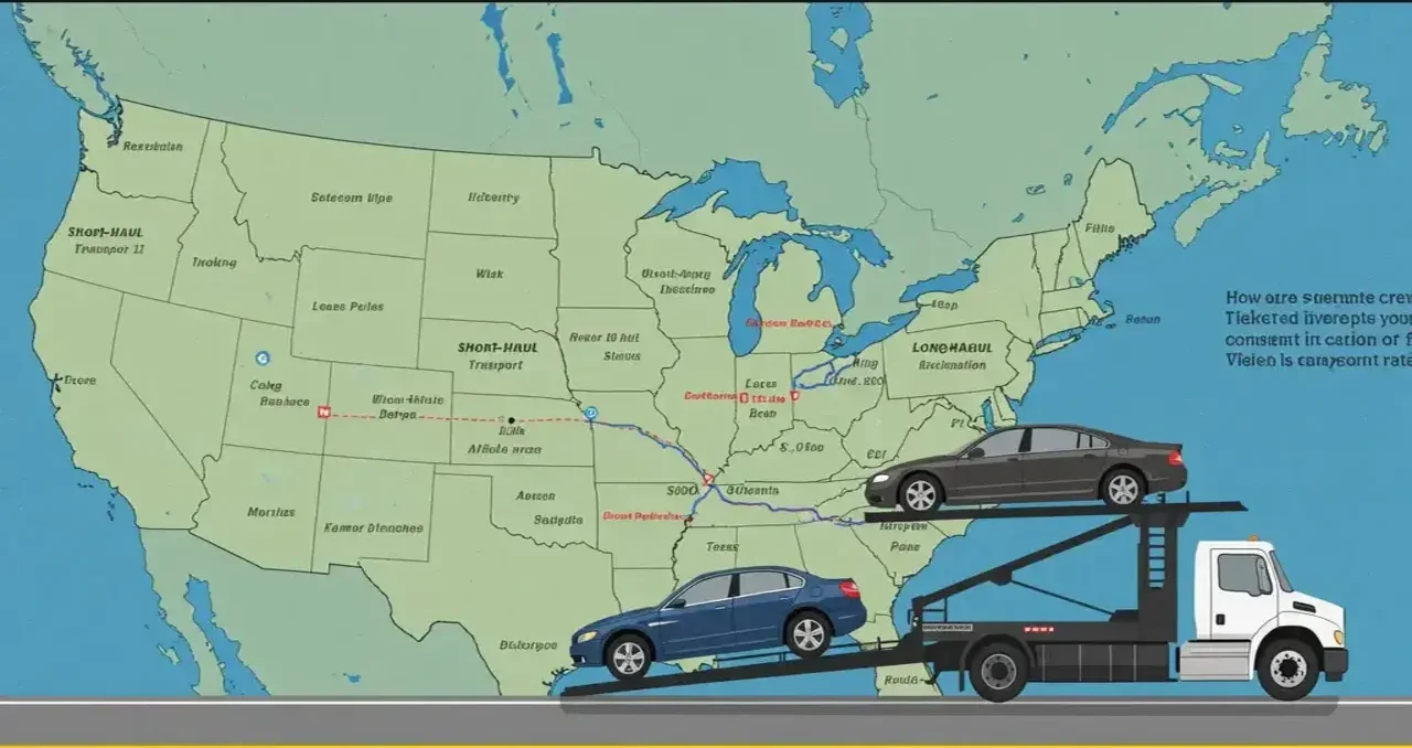 Map of the United States illustrating key factors that influence car shipping costs, including distance, routes, and transport types. A car carrier with vehicles is displayed at the bottom