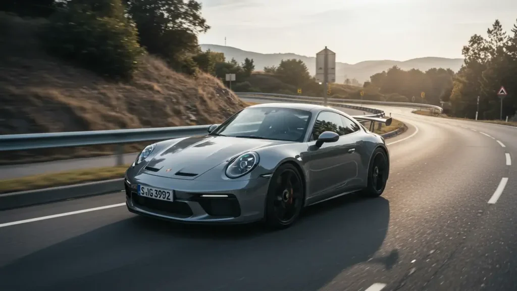 Make1m Porsche 992 GT3 RS driving on a winding road, emphasizing its street-legal versatility.